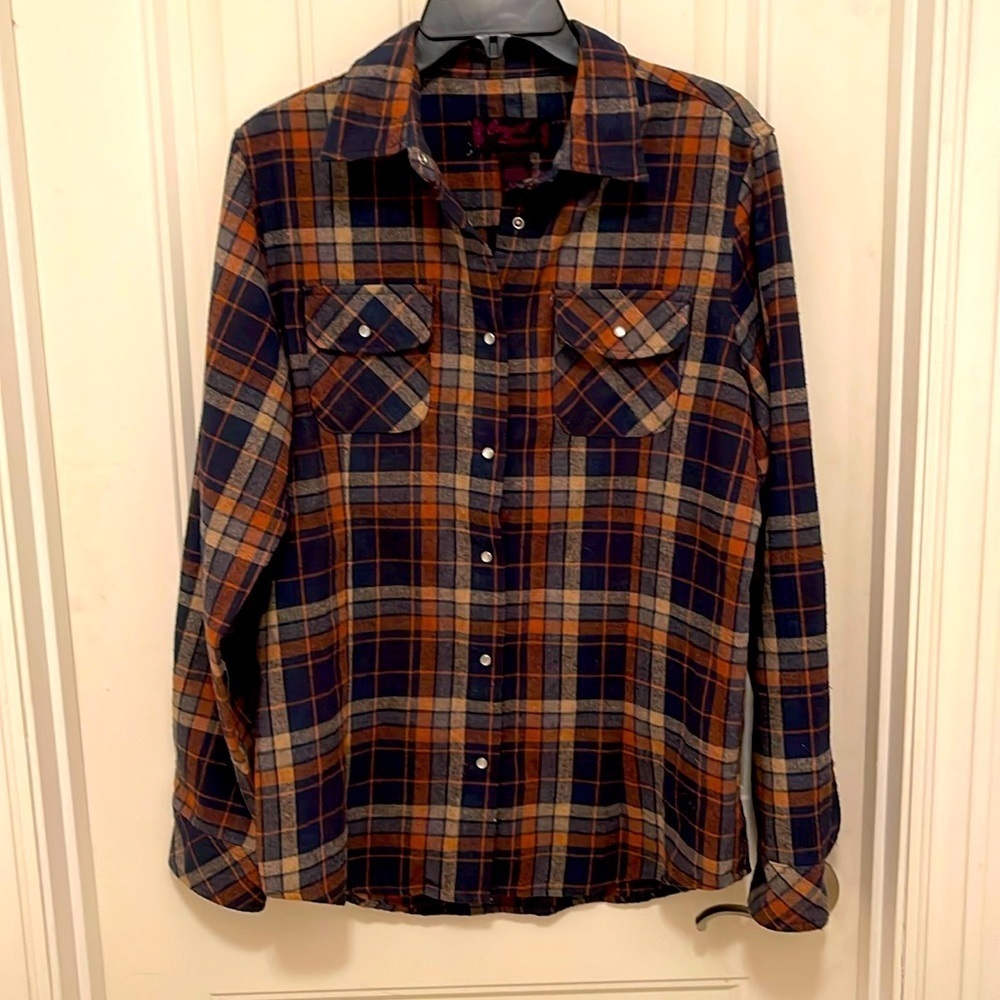 Cowgirl Legend long sleeve shirt women‎ sz L brown blue gray pearl snap front .